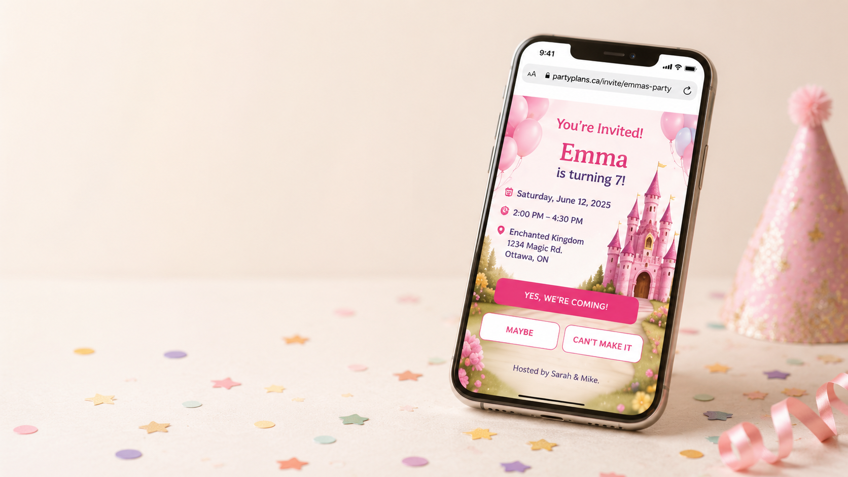 Phone showing a digital party invitation on partyplans.ca