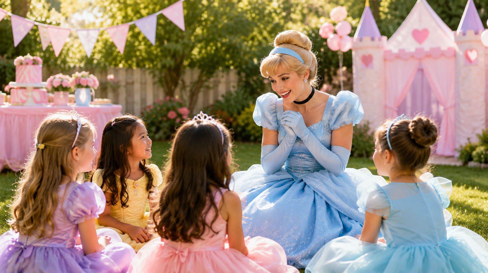 Princess entertainer with children in costume at a backyard party